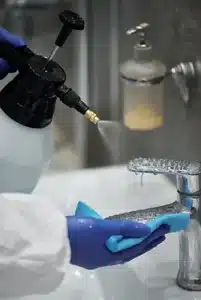 floodco technician sanitizing sink