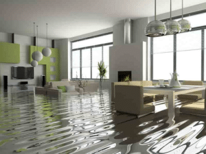 Residential property located in a flood zone, surrounded by water. The house stands on stilts, indicating measures taken to mitigate the risk of flooding.