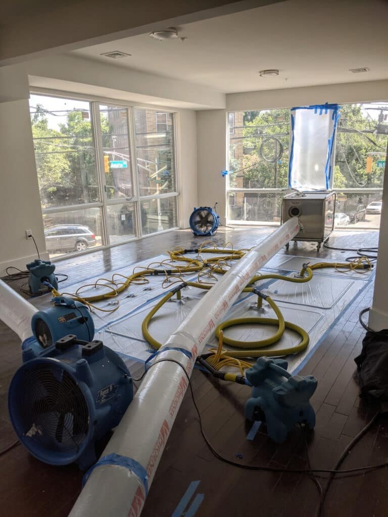 multiple fans setup for big dry job to save hardwood floors