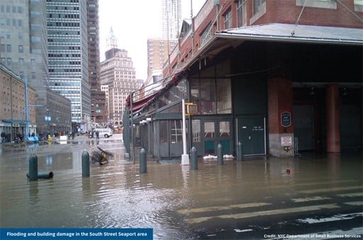 Flooded subway entrance in Manhattan, NY 10282