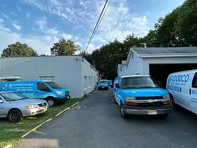 newly designed FloodCo USA vans parked at large