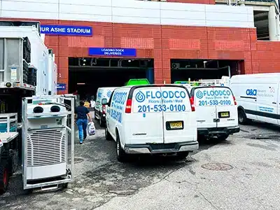 FloodCo USA vans parked at a large water damage job