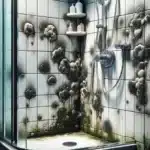 Neglected Shower Stall Overrun by Black Mold Infestation.