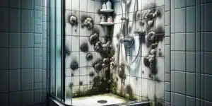 Neglected Shower Stall Overrun by Black Mold Infestation.
