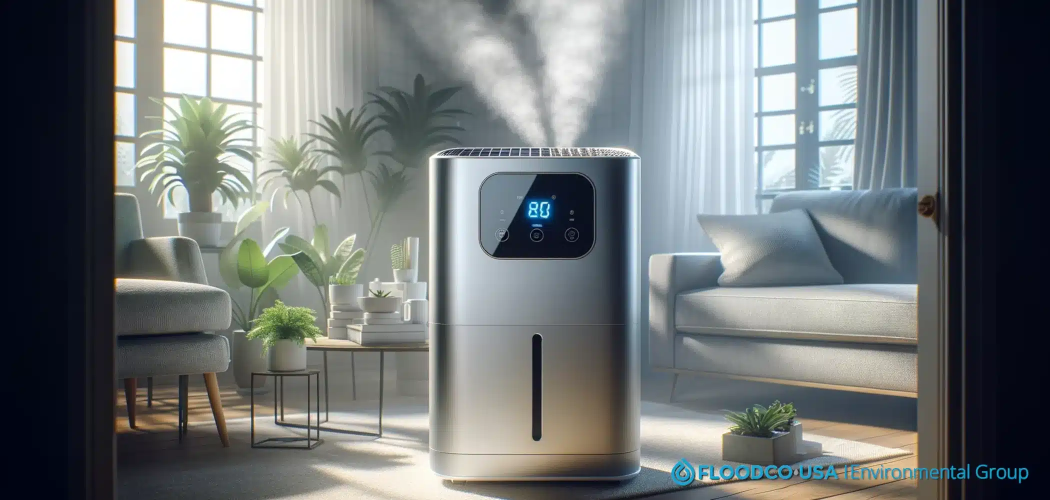 Dehumidifier in the middle of a living room visibly absorbing the moisture