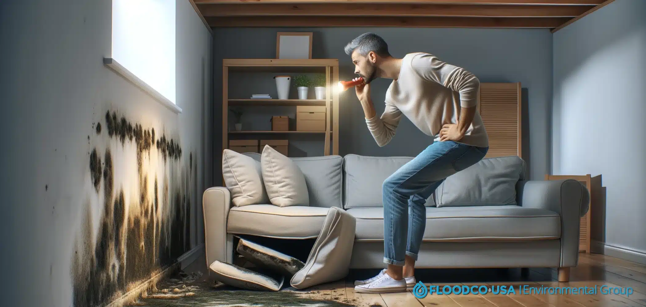 Homeowner looking at mold behind couch that is pulled away from the wall