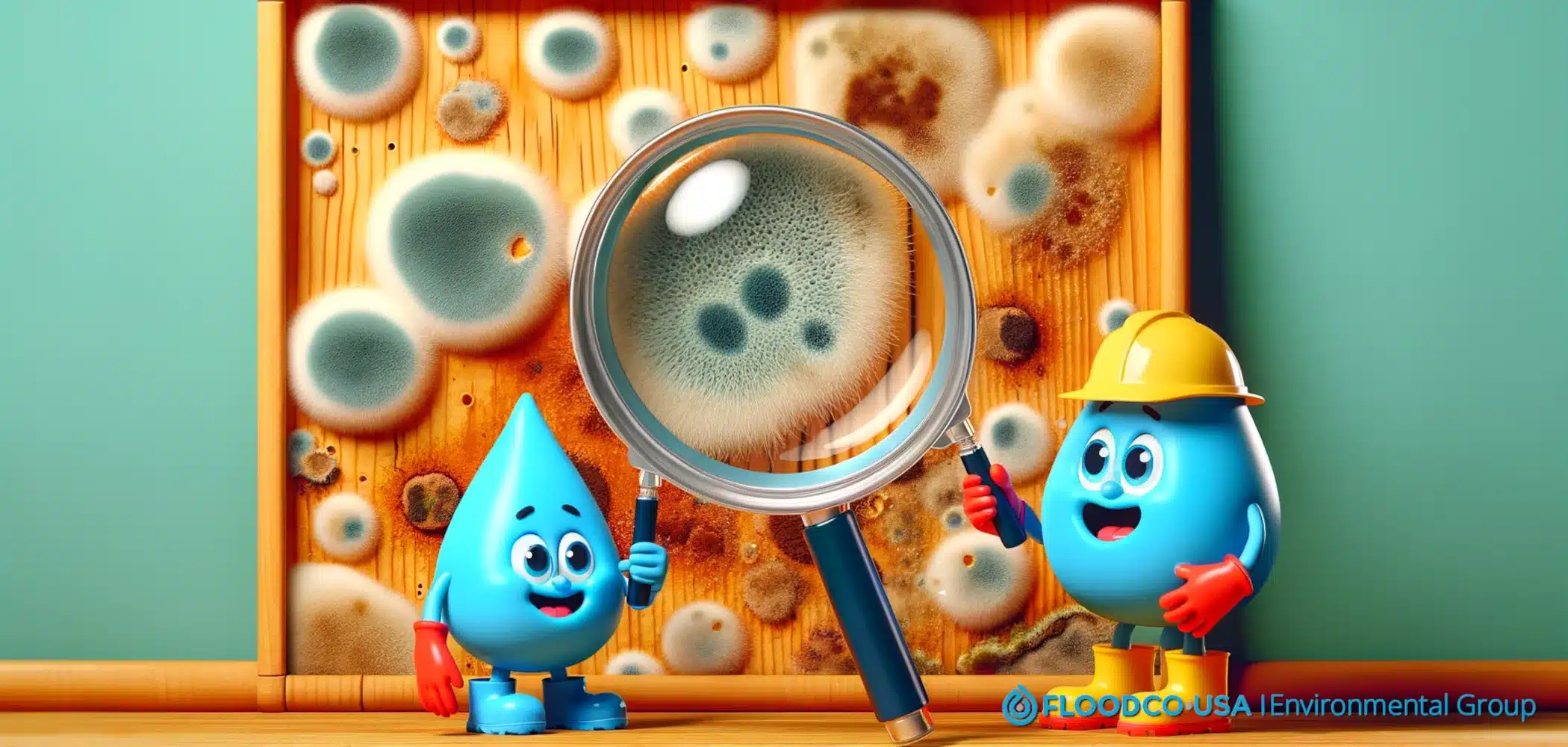 Waterdrop characters inspecting fuzzy mold on a wall with a magnifying glass