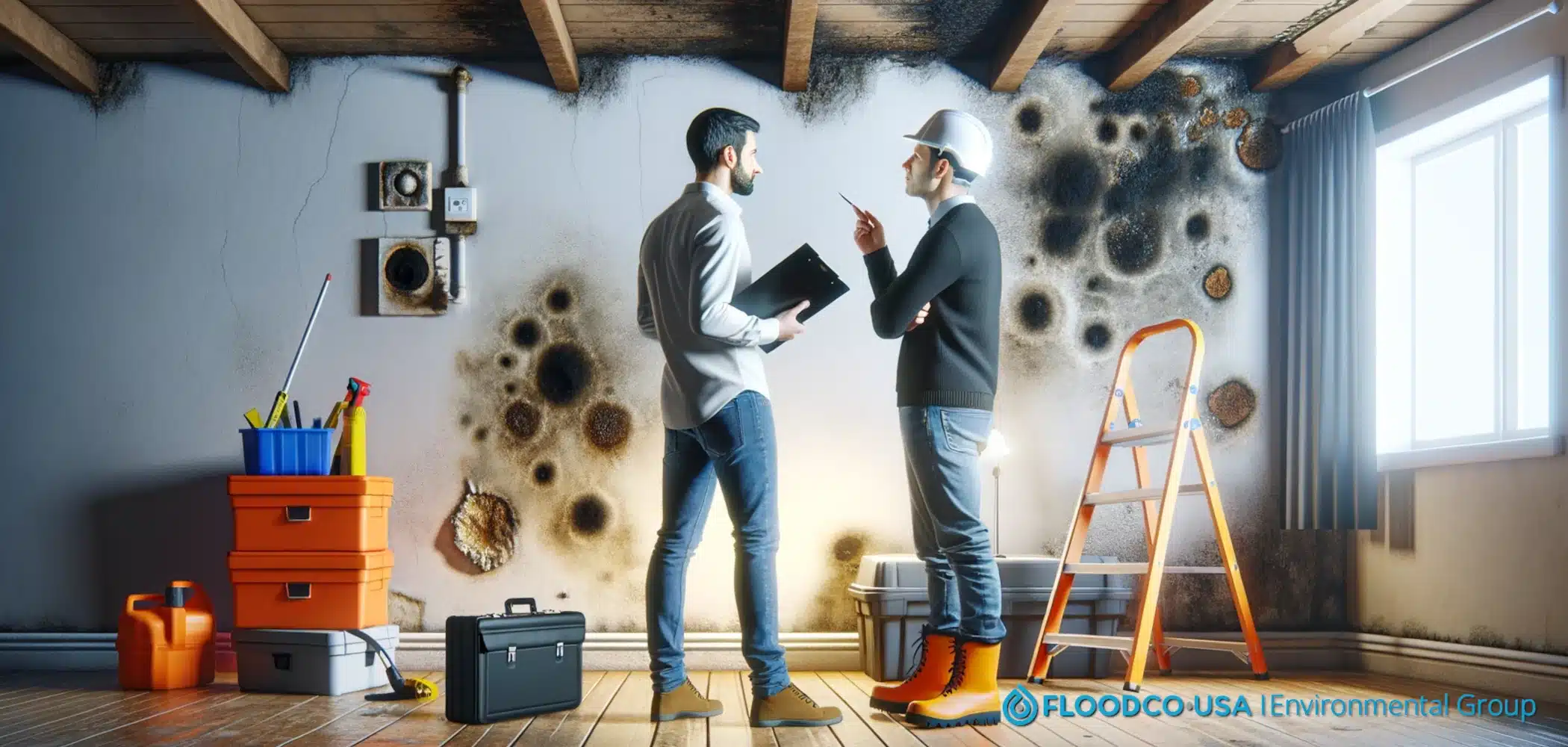 Two men standing and consulting about moldy wall in front of them
