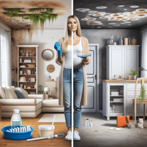 Image Description: The image shows a split view of a home. On one side, it's clean and well-maintained, while the other side shows signs of mold growth on the walls and ceiling. A woman, presumably Emma, is seen in the middle, holding a mold testing kit. The kit includes a petri dish, swab, and an air sampling device. The image represents the importance of environmental mold testing for maintaining a healthy home.