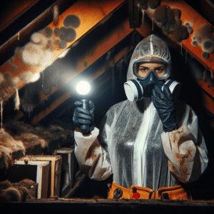 Image Description: The image shows a close-up of a dark, humid attic with visible mold growth on the wooden beams and roof. In the foreground, a professional in protective gear, including a mask and gloves, is inspecting the mold. The professional is holding a flashlight and a tool for mold removal. The image conveys the seriousness of the mold issue and the need for professional intervention.