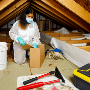 The image for the title "Attic Mold Removal: The Key to a Safe and Healthy Home" would likely depict a clean and well-organized attic space. The image would show a person or a professional contractor wearing protective clothing and equipment, working to remove mold from the attic. They may be shown using specialized tools and cleaning supplies to address the mold problem. The image would convey a sense of safety and cleanliness, representing the importance of attic mold removal for maintaining a healthy home environment.