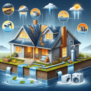 Image Description: The image features a house with various sections highlighted to represent different causes of water damage. On the top, there's a roof with a visible leak symbolizing roof leaks. On one side, there's a pipe with water gushing out, representing leaking or burst pipes. The house's foundation is shown with visible cracks to represent foundation issues. A washing machine overflowing with water represents plumbing problems. The gutters are filled with leaves, symbolizing improperly installed or maintained gutters. An HVAC unit with a puddle of water underneath it represents HVAC issues. In the background, there's a stormy sky with heavy rain and floodwaters rising towards the house, representing natural disasters.