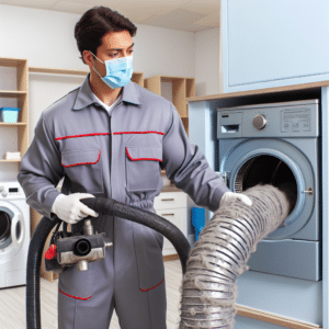 Image Description: The image features a professional cleaner wearing a uniform and a mask, holding a long hose attached to a vacuum cleaner. He is cleaning a dryer duct that is visibly clogged with lint. The background shows a typical laundry room with a dryer machine. The text "Who Cleans Dryer Ducts Near Me?" is displayed prominently at the top of the image.