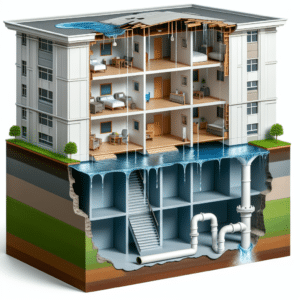 The image would depict a cross-section of an apartment building, showing a few different floors. On the top floor, there's a visible leak in the roof, causing water to seep into the ceiling of the apartment below. The ceiling of the lower apartment shows signs of water damage, such as discoloration and sagging. There's also a burst pipe on another floor, causing water to leak into the ceiling of the apartment below it. The image would be realistic and detailed, highlighting the various causes of water damage in an apartment setting.
