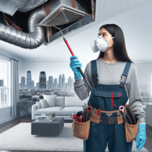 Image Description: The image depicts a clean, well-maintained home interior with a visible HVAC system. A professional contractor is shown in the process of cleaning the air ducts, using specialized tools. The air ducts are visibly free of dust and debris, symbolizing the importance of duct cleaning for a healthy home. The background subtly hints at the cityscape of Jersey City, tying in the location mentioned in the article.
