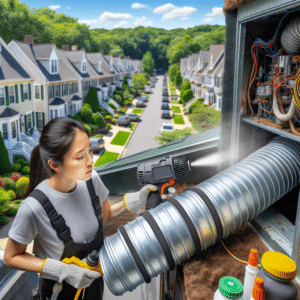 Image Description: The image features a close-up of an HVAC system with visible air ducts. A professional cleaner is shown in the process of cleaning the ducts, using specialized equipment. The background showcases a typical residential neighborhood in New Jersey, indicating the location. The image also includes text overlay that reads, "The Importance of Air Duct Cleaning in New Jersey".