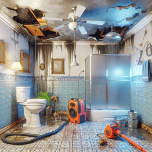 Image Description: The image shows a bathroom with visible signs of water damage. There are water stains on the ceiling and walls, peeling paint, and some tiles are cracked. A leaky showerhead and a malfunctioning toilet are also visible. The image also includes some tools like a dehumidifier and a fan, indicating the drying process of the remediation.