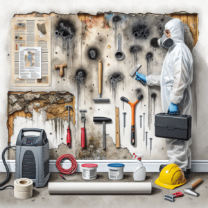 Image Description: The image shows a section of a wall with visible signs of water damage. The drywall is discolored with dark stains and the paint is peeling off in some areas. There are also visible dark spots indicating mold growth. On one side of the image, there is a professional mold remediation contractor wearing protective gear, inspecting the wall. On the other side, there are tools and materials for drywall repair, including a new piece of drywall, a dehumidifier, drywall screws, joint compound, and a can of mold-resistant paint.