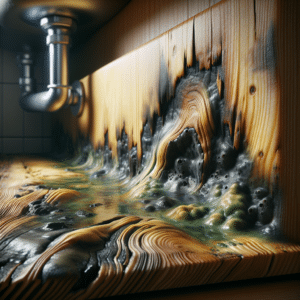 Image Description: The image is a close-up of a wooden surface showing signs of water damage and black mold. The wood is discolored and warped, with dark green and black spots indicating the presence of mold. There are also visible signs of peeling paint. In the background, there's a blurred image of a sink and pipes, suggesting the location is under a sink cabinet. The image has a realistic style, emphasizing the severity and potential dangers of the situation.