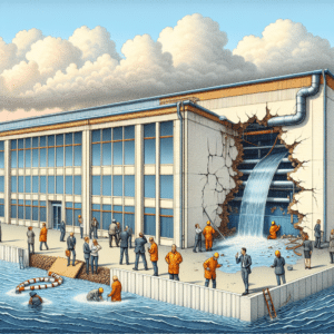 Image Description: The image features a commercial building with visible signs of water damage such as stained walls and a leaking roof. On one side of the building, there's a burst pipe causing water to gush out. On the other side, there's a flood barrier protecting the building from a nearby overflowing river. The sky is cloudy, indicating recent heavy rainfall. In the foreground, a team of professionals is inspecting the damage and performing maintenance work.