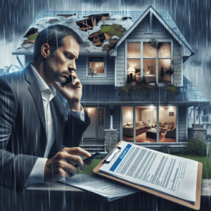 Image Description: A realistic image of a home with visible signs of water damage and mold growth. The house is in a residential area and it's raining heavily. On the roof, there are visible signs of leakage. Inside, through the windows, we can see water stains on the walls and ceiling, indicating water damage. There are also patches of mold growing on the damp surfaces. In the foreground, a homeowner is seen on the phone, presumably contacting their insurance company. On the side, there's a clipboard with an insurance policy document clipped onto it, symbolizing the importance of understanding insurance coverage for such damages.