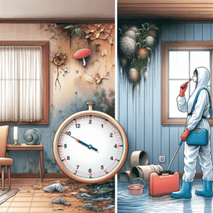 Image Description: The image shows a home interior with visible water damage on the walls and ceiling. There are signs of mold growth in the damp areas. On one side, there's a clock showing the passage of 48 hours, symbolizing the rapid growth of mold. On the other side, a professional in protective gear is quickly addressing the water damage, using tools to remove the water and dry the area.